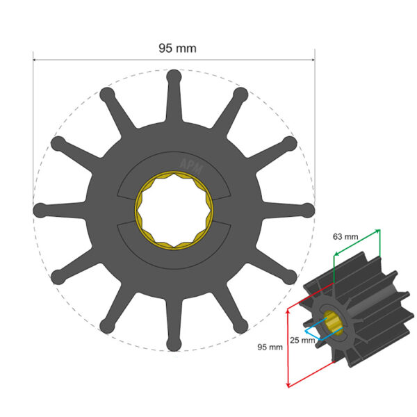 Albin Group Premium Impeller - 95 x 25 x 63mm - 12 Blade - Spline Insert - Image 2