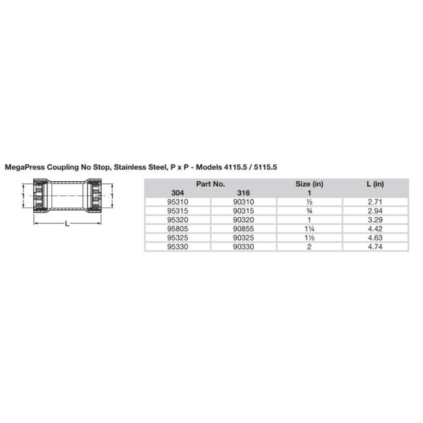Viega MegaPress 3/4" Stainless Steel 304 Coupling w/o Stop - Double Press Connection - Smart Connect Technology - Image 2
