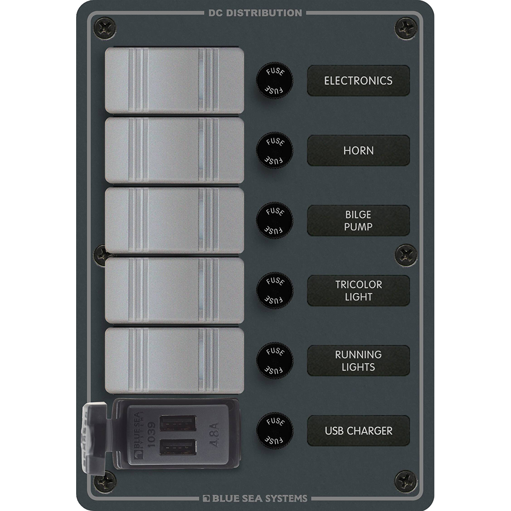 Blue Sea 8121 - 5 Position Contura Switch Panel w/Dual USB Chargers - 12/24V DC - Black - Image 2