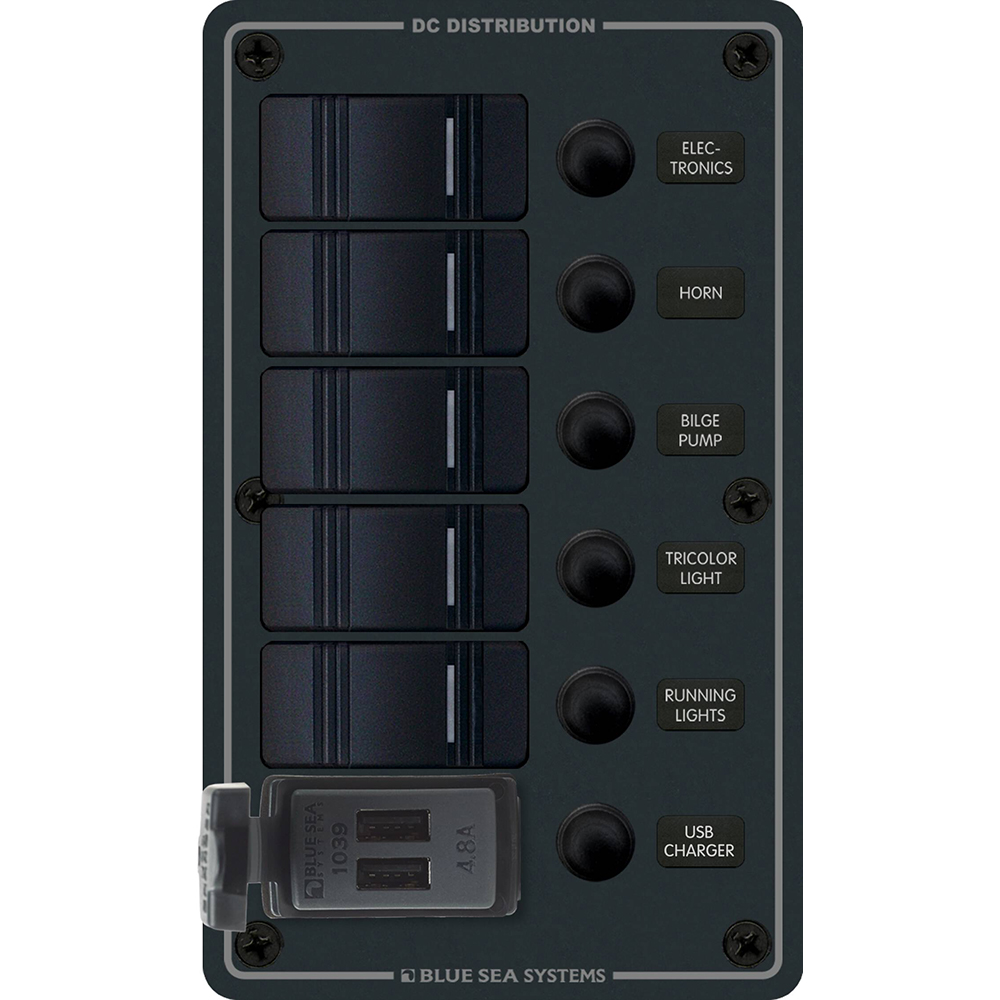 Blue Sea 8521 - 5 Position Contura Switch Panel w/Dual USB Chargers - 12/24V DC - Black - Image 2