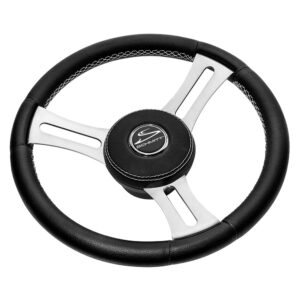 Alternative view of Schmitt Marine Torcello Elite 14" Wheel - Black Leather & Cap - White Stitching - Polished SS Spokes - 3/4" Tapered Shaft